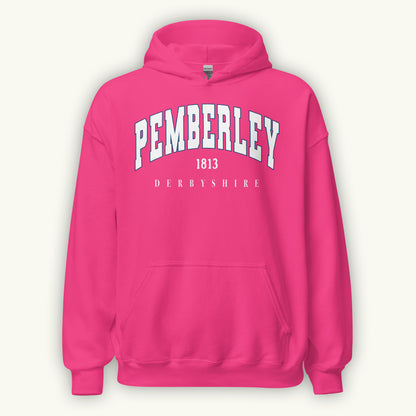 Pink hoodie with 'Pemberley 1813 Derbyshire' text on a white background
